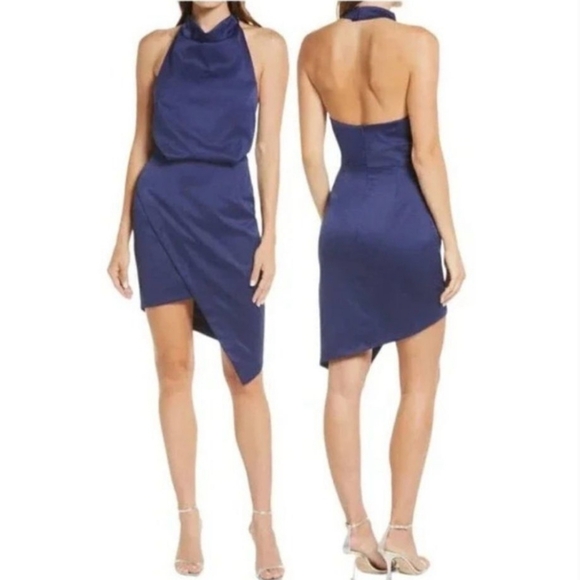 Elliatt Dresses & Skirts - ELLIATT Blue Satin Drapey Asymmetrical Dress Cocktail Party Small